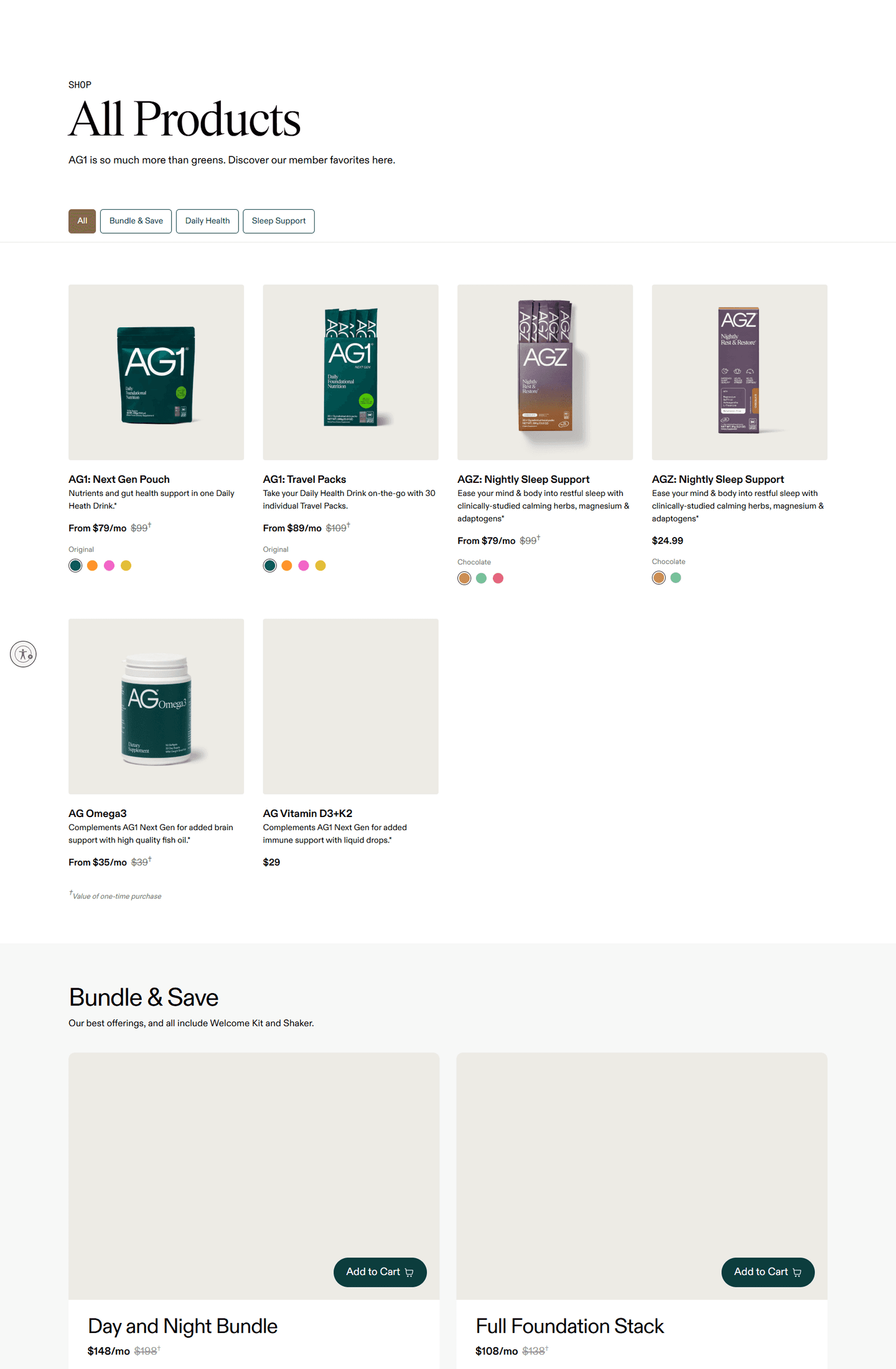 AG1 shop page showing product catalog with subscription pricing.
