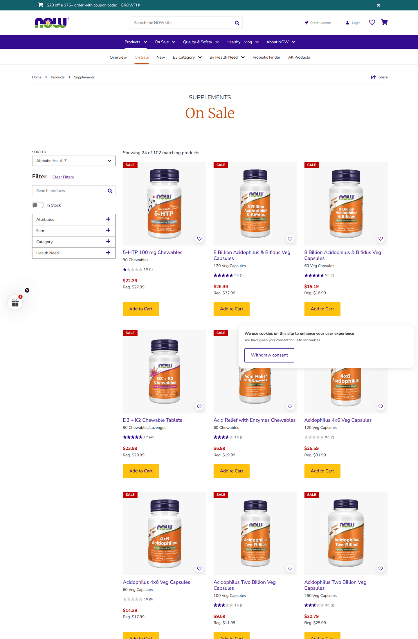 NOW Foods Walmart capture showing reseller pricing and DTC coupon context.