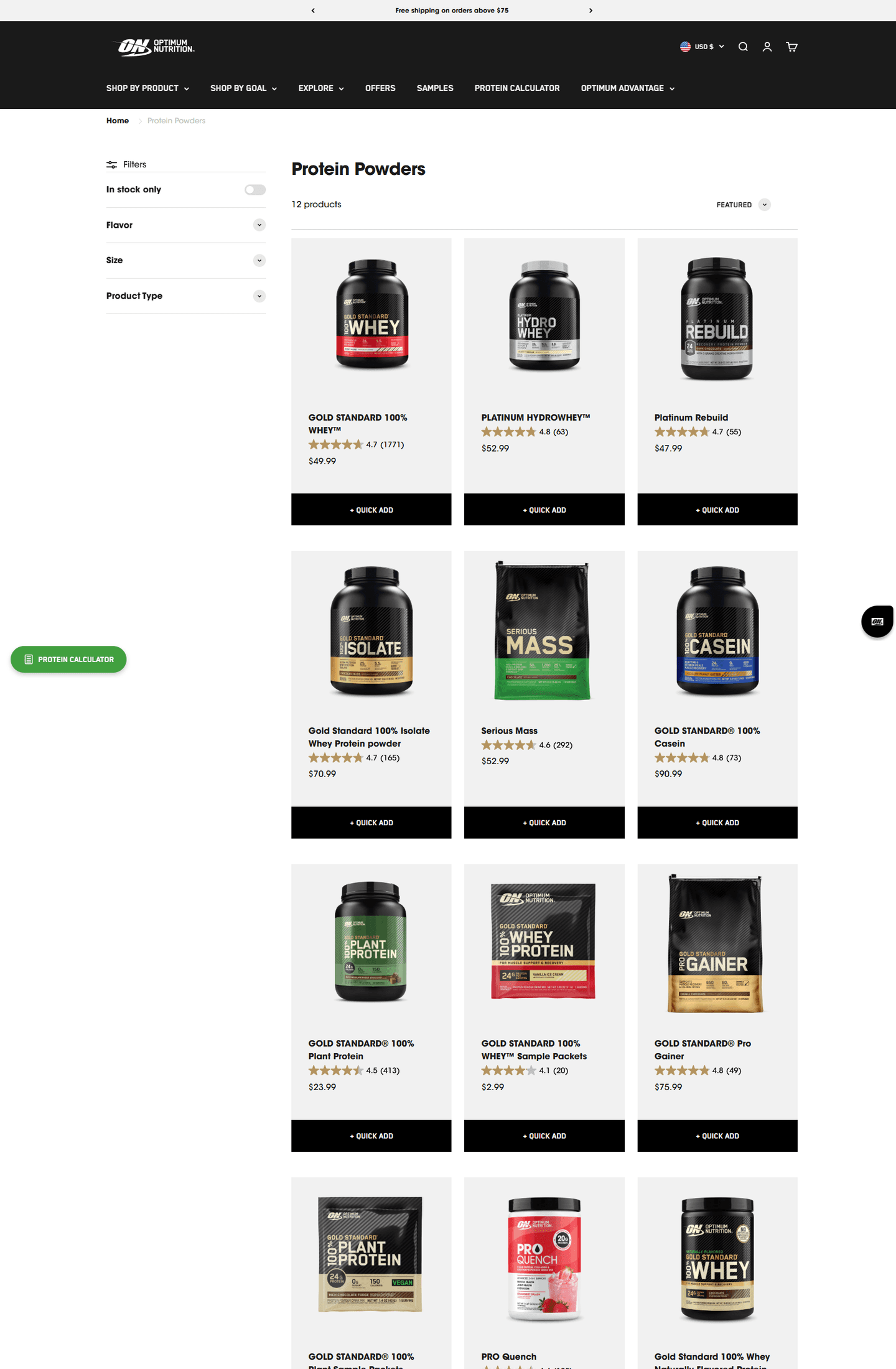 Optimum Nutrition homepage capture used as proof evidence for promo and shipping monitoring.