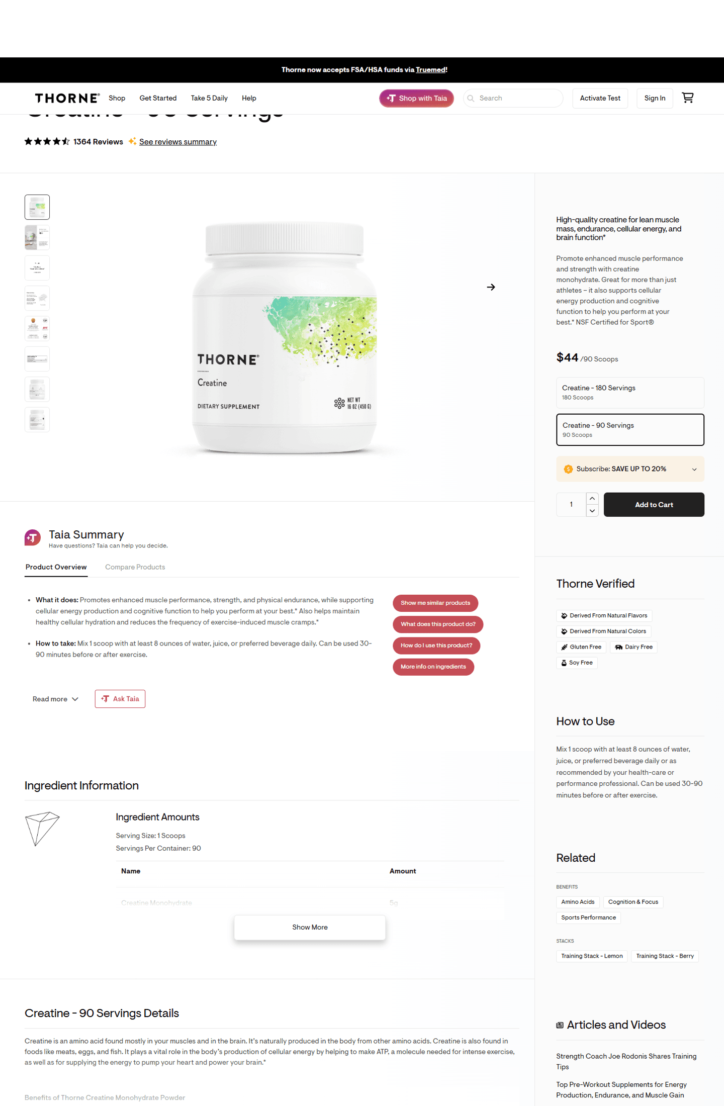 Thorne Creatine product-page capture used as proof evidence for premium hero-SKU monitoring.