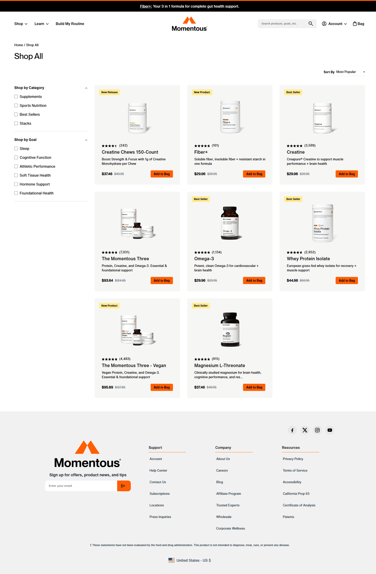 Momentous shop-all page showing sale pricing across performance supplement catalog.
