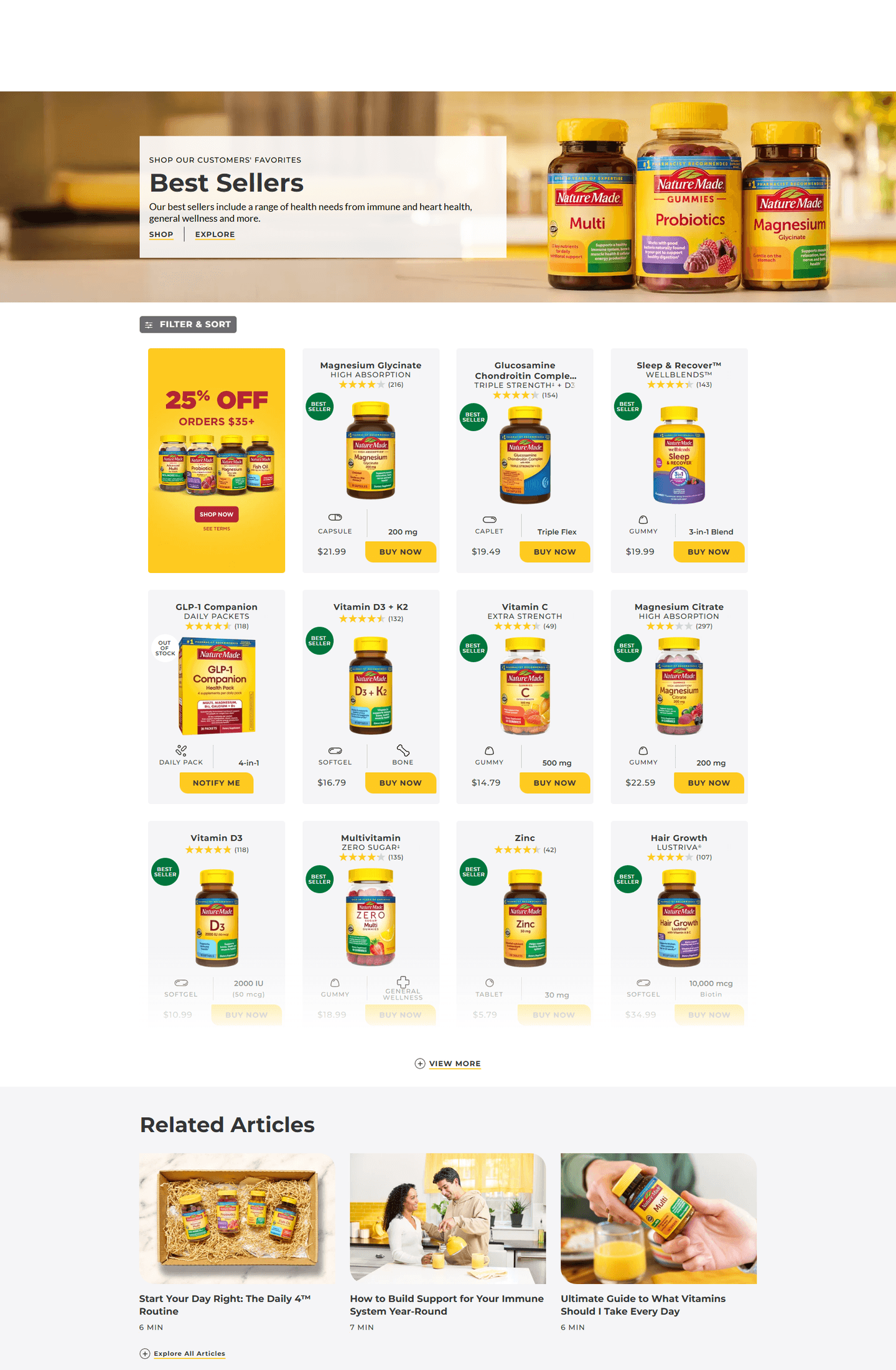 Nature Made best-sellers page showing 25% off promo and product pricing grid.