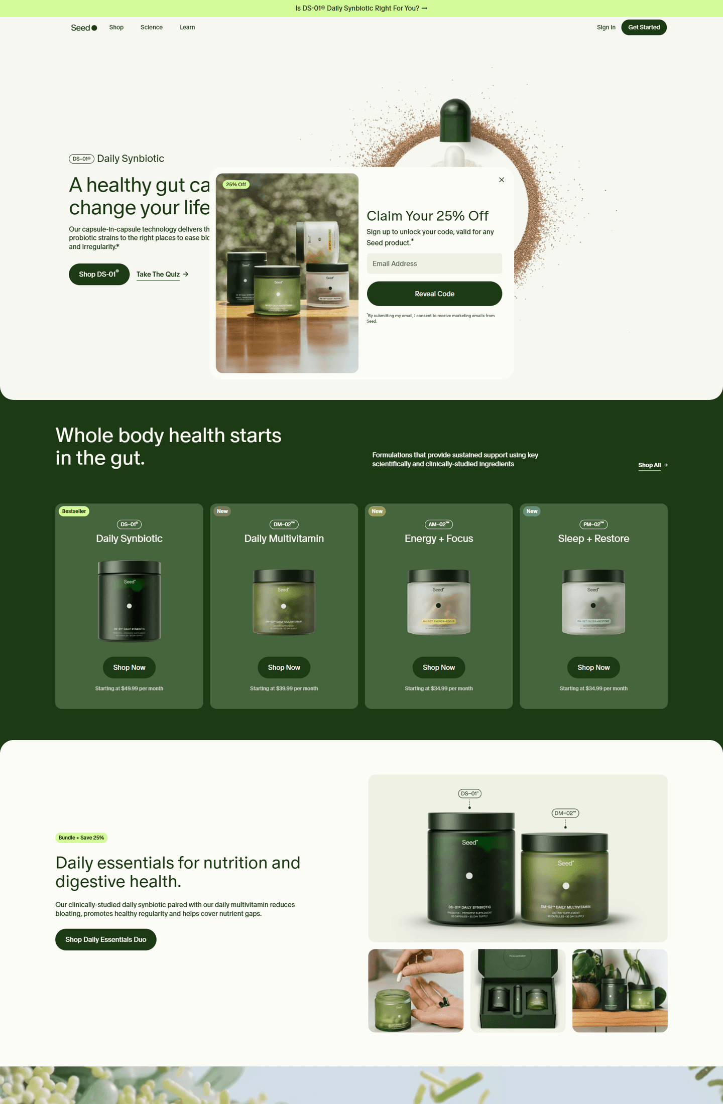 Seed Health homepage showing Daily Synbiotic product lineup and subscription offers.