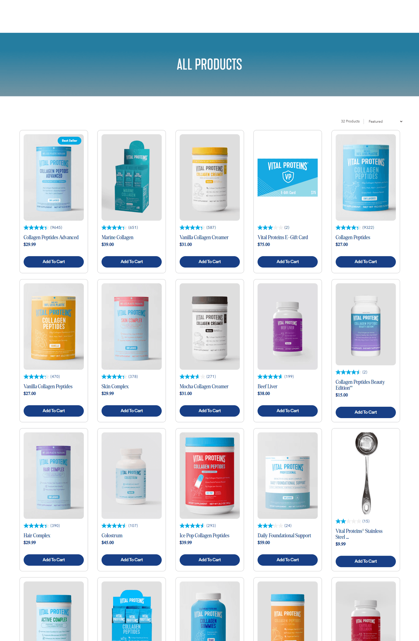 Vital Proteins all-products page showing collagen catalog with prices and ratings.